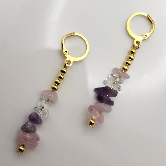 Boho Quartz Crystal Dangle Amethyst Rose Earrings - Picture 2 of 4